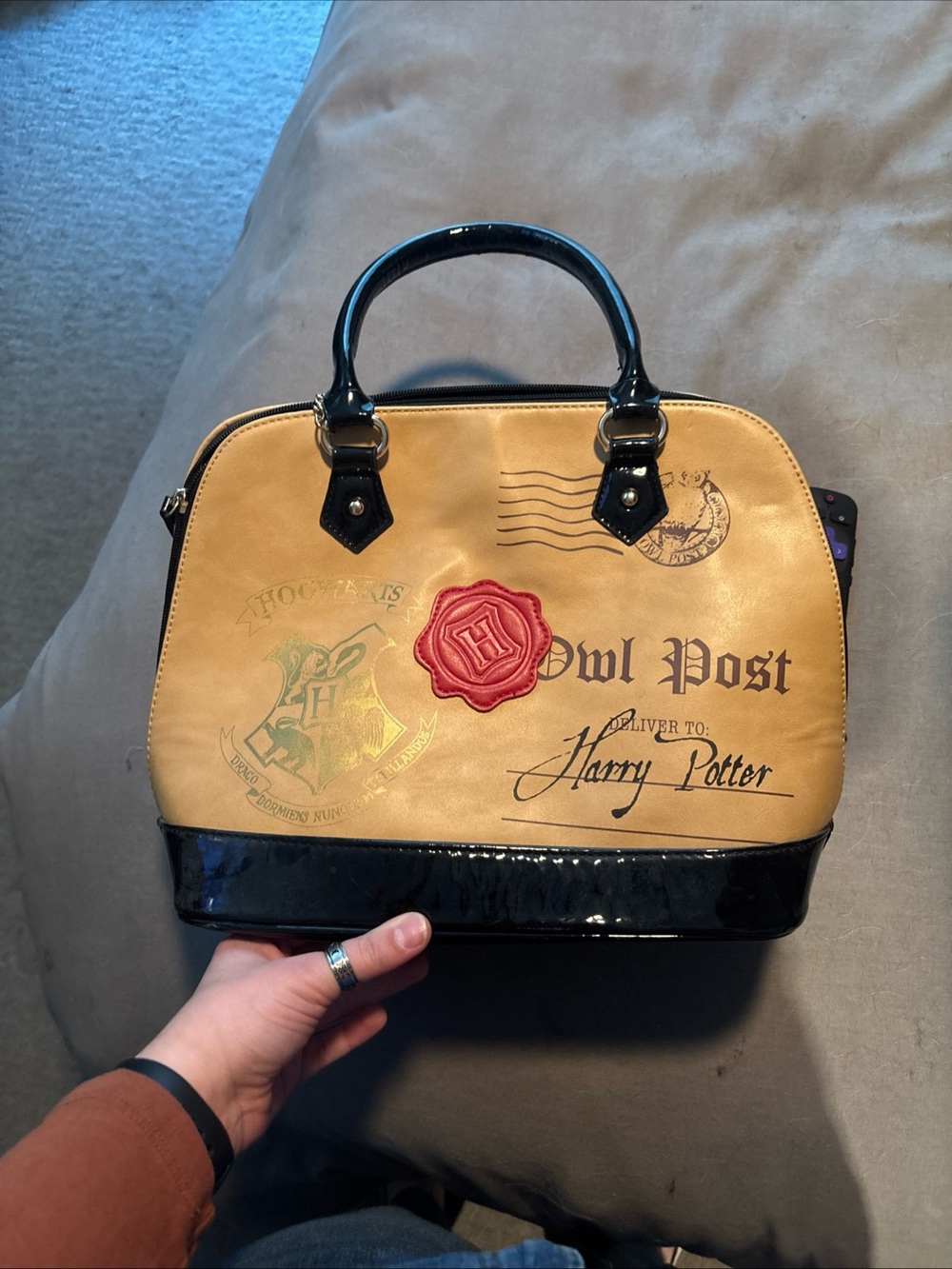 Harry Potter Owl Post Satchel - Tan with Black Patent Trim and Red Seal